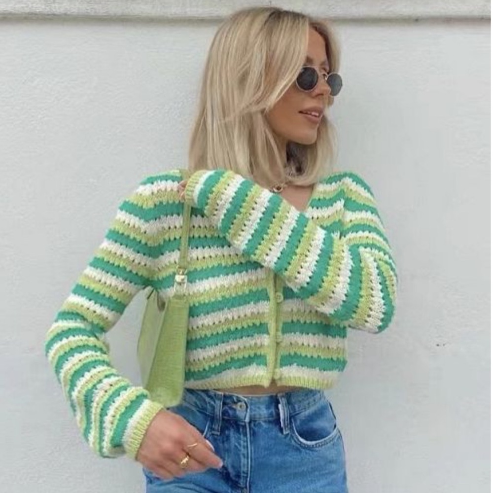 Zara Green and Cream Striped Cardigan
